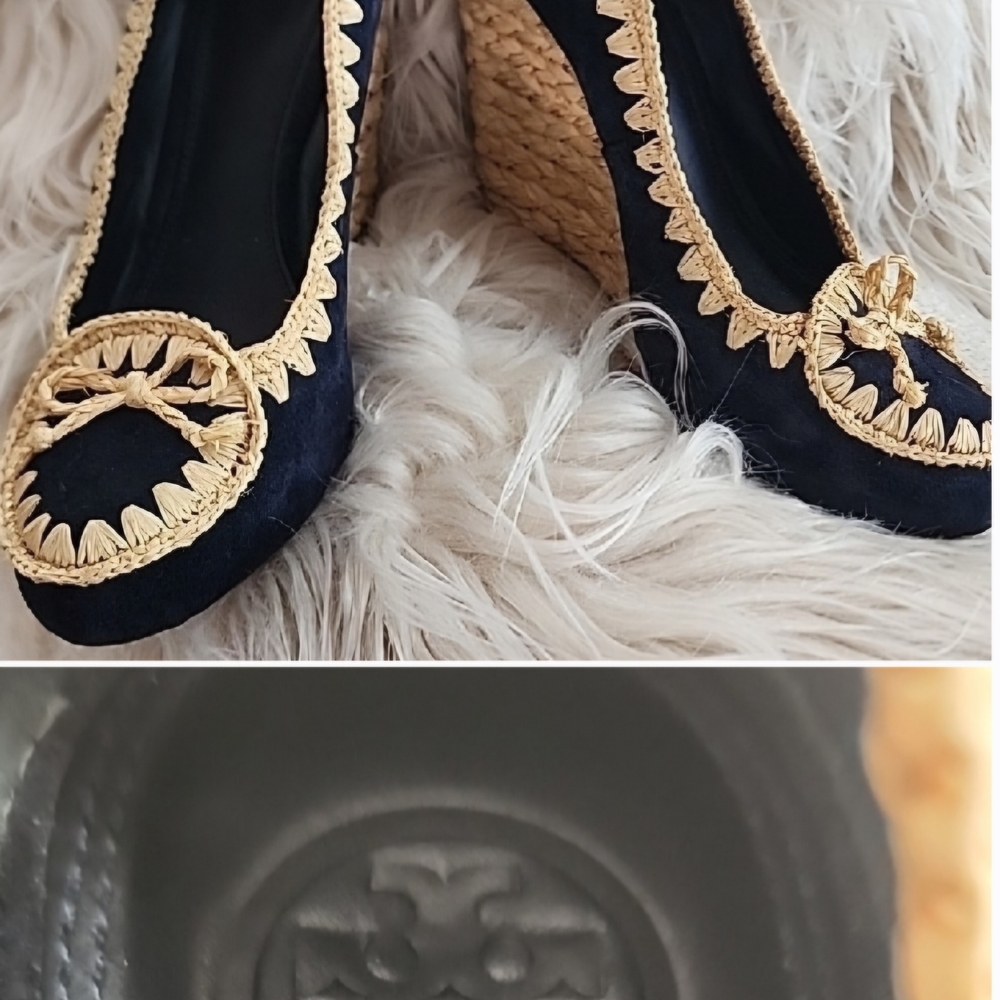 Tory Burch Black and Gold Wedge Shoes